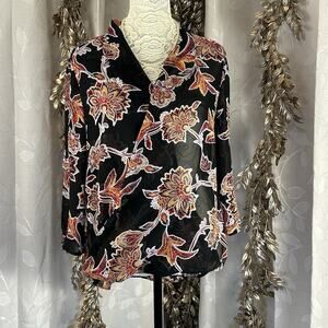 Liz Claiborne Black Floral Sheer Blouse M Faux Wrap Career Top Chiffon Elegance